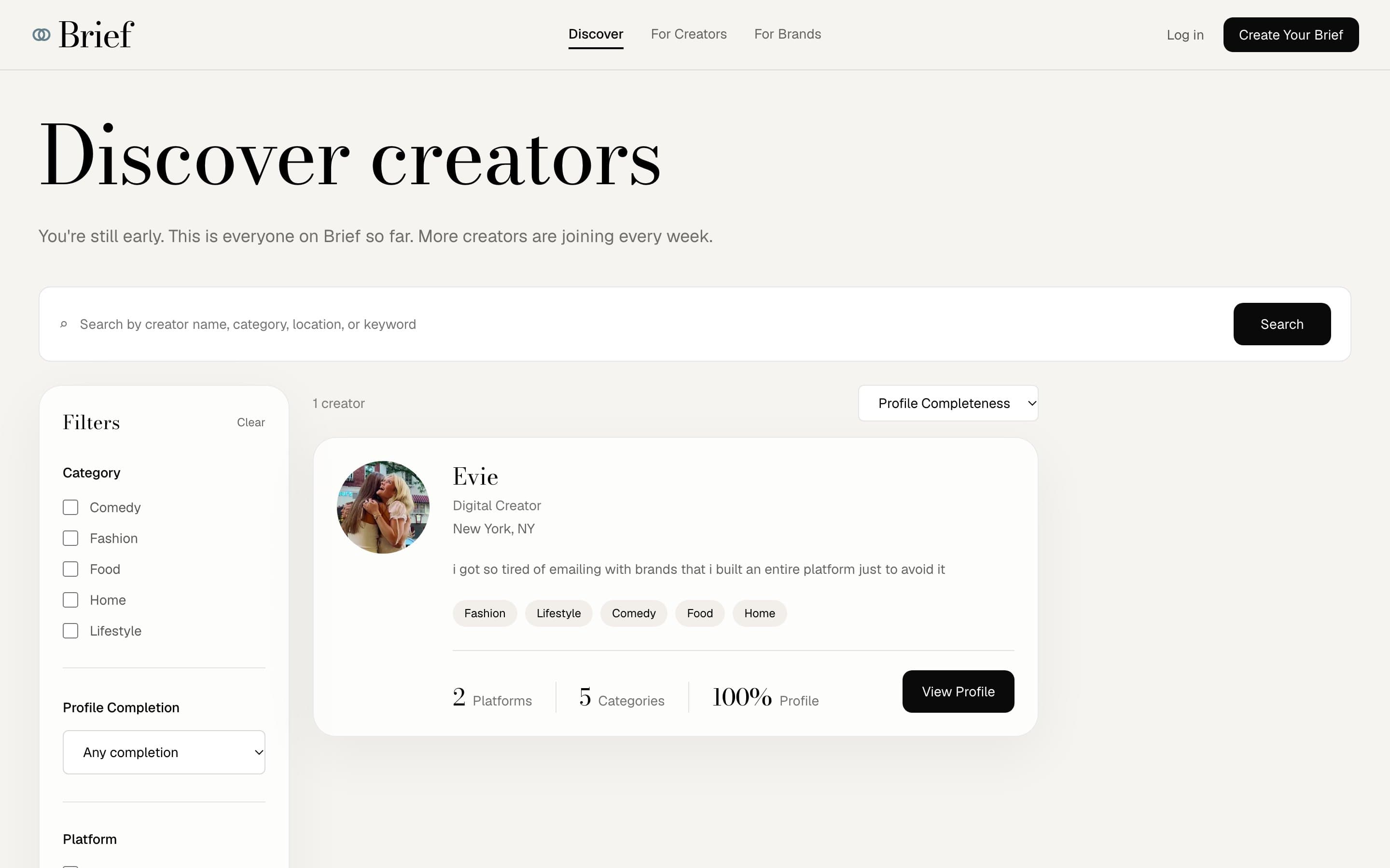 The BRIEF Discover page with creator filters
