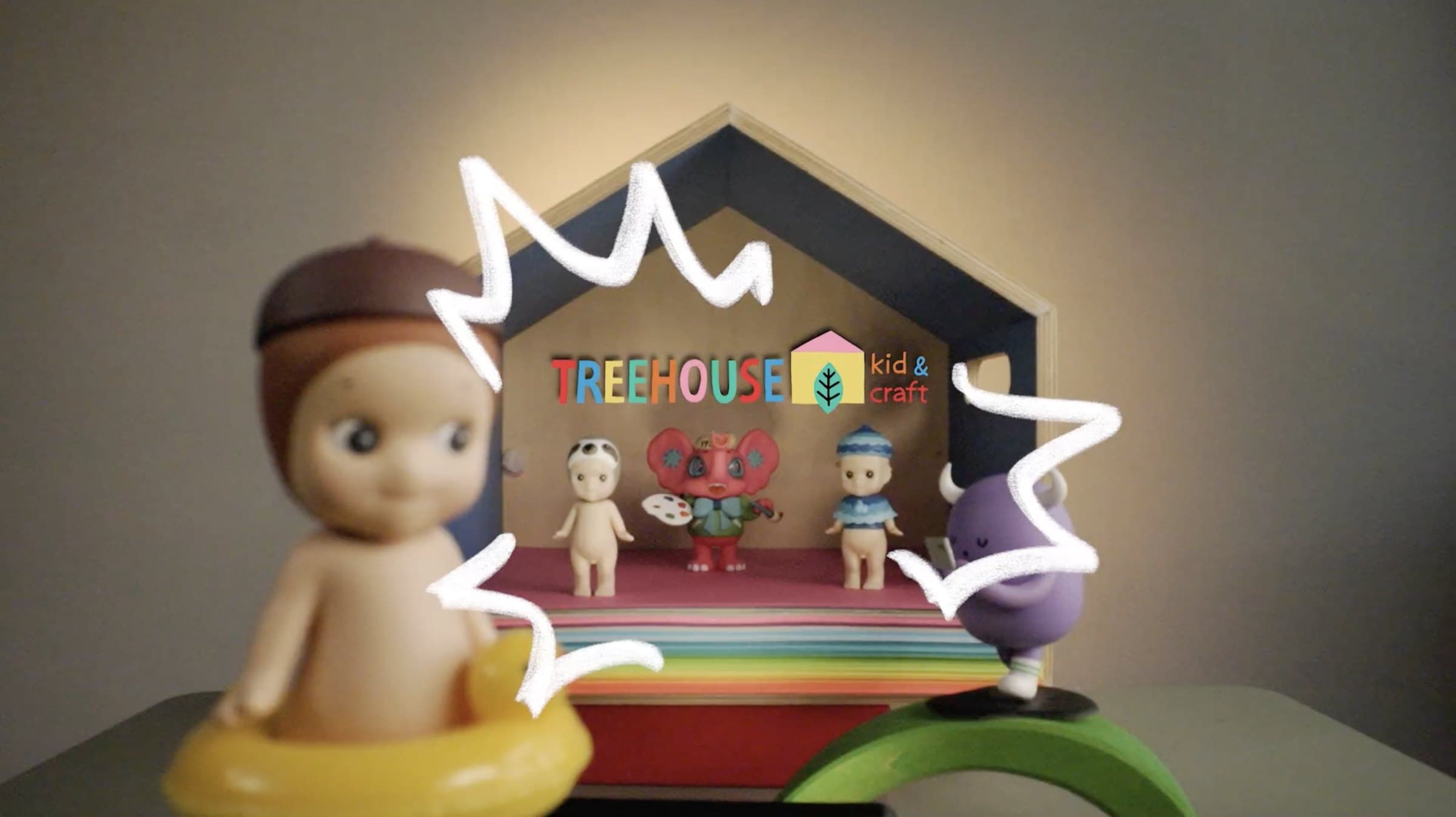 Sonny Angel figures under the Treehouse sign