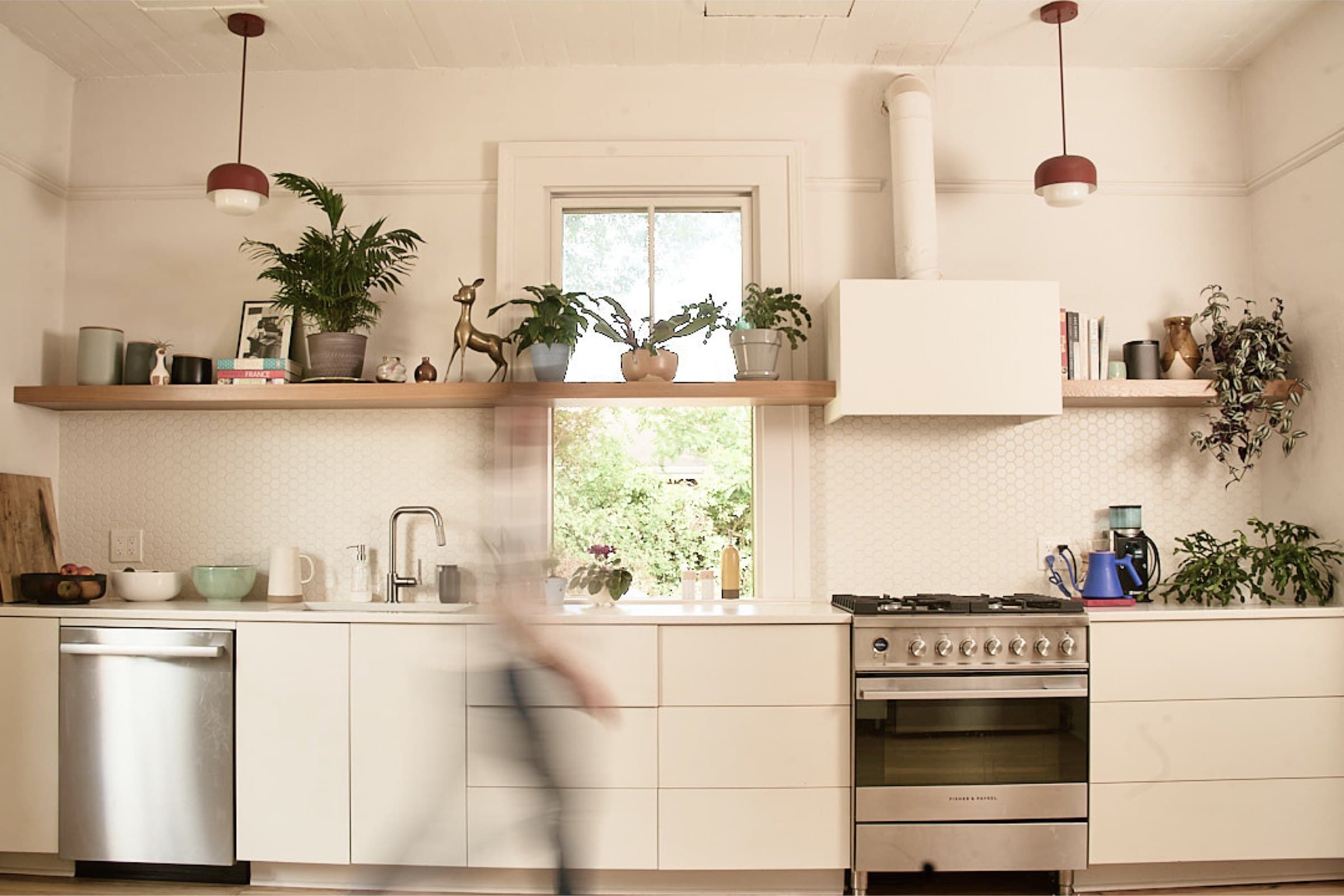 A white kitchen with open shelves and plants