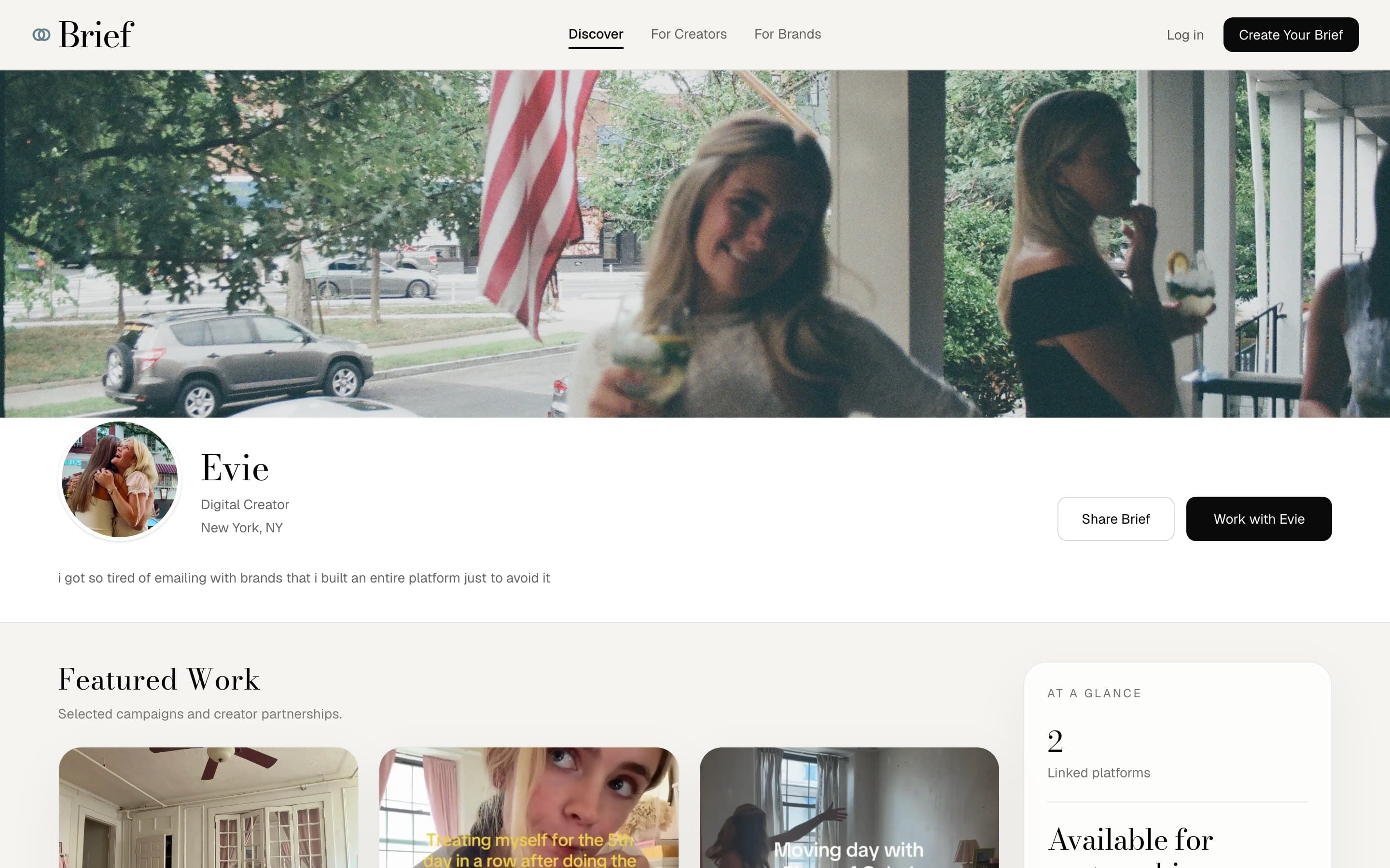 A creator profile on BRIEF